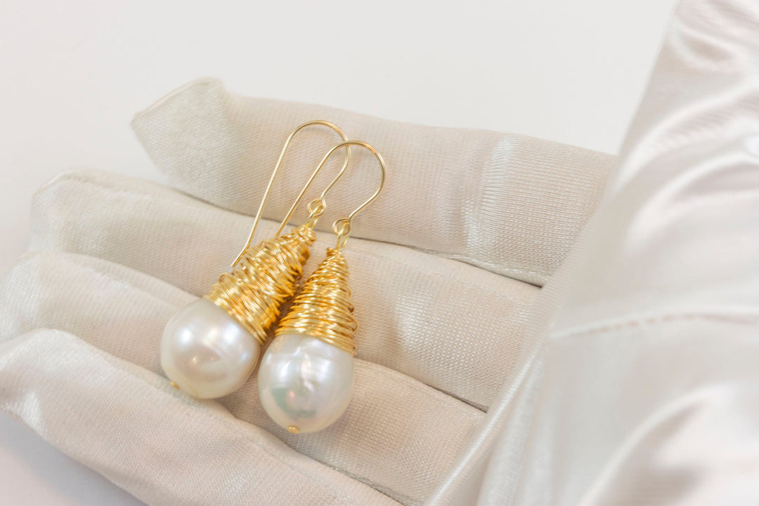 Large Round White Pearls Messy Wire Wrapped Plain or Seed Pearls or Gemstones Contemporary Dangle Drops 14k Solid Gold or Gold Filled