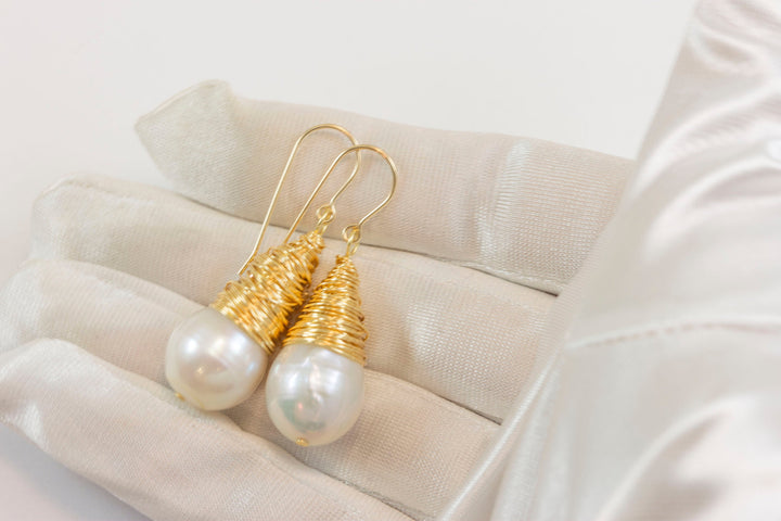 Large Round White Pearls Messy Wire Wrapped Plain or Seed Pearls or Gemstones Contemporary Dangle Drops 14k Solid Gold or Gold Filled