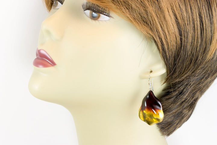 Amber Earrings Sterling Silver Yellow Honey Smooth Floral Teardrop Natural Unique Dangles Sterling Silver Fancy Euro Leverbacks 2 Inch