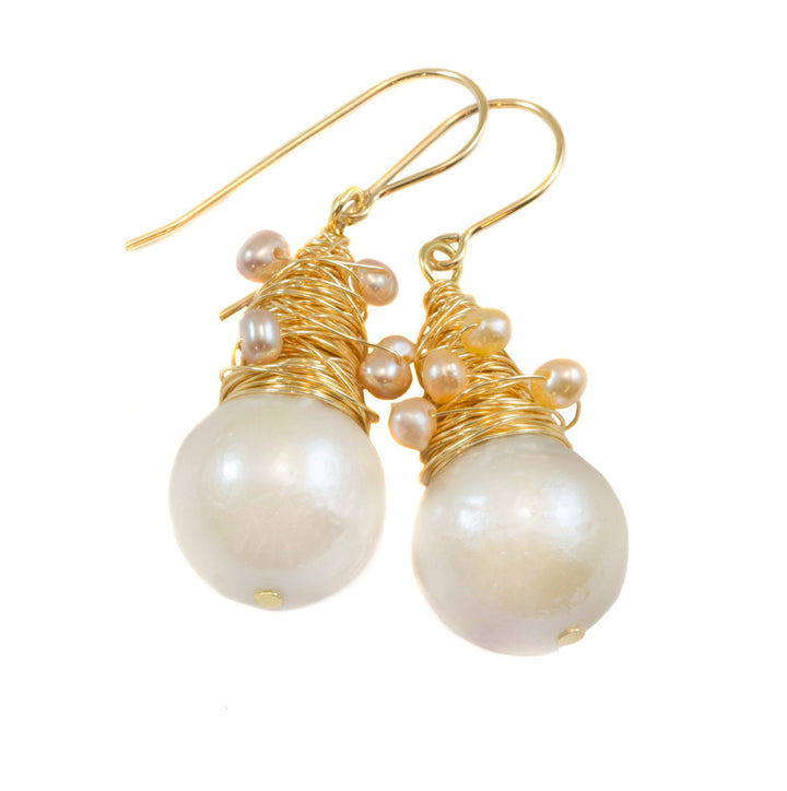 Large Round White Pearls Messy Wire Wrapped Plain or Seed Pearls or Gemstones Contemporary Dangle Drops 14k Solid Gold or Gold Filled