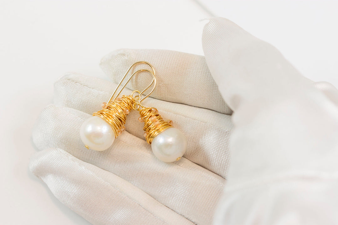 Large Round White Pearls Messy Wire Wrapped Plain or Seed Pearls or Gemstones Contemporary Dangle Drops 14k Solid Gold or Gold Filled