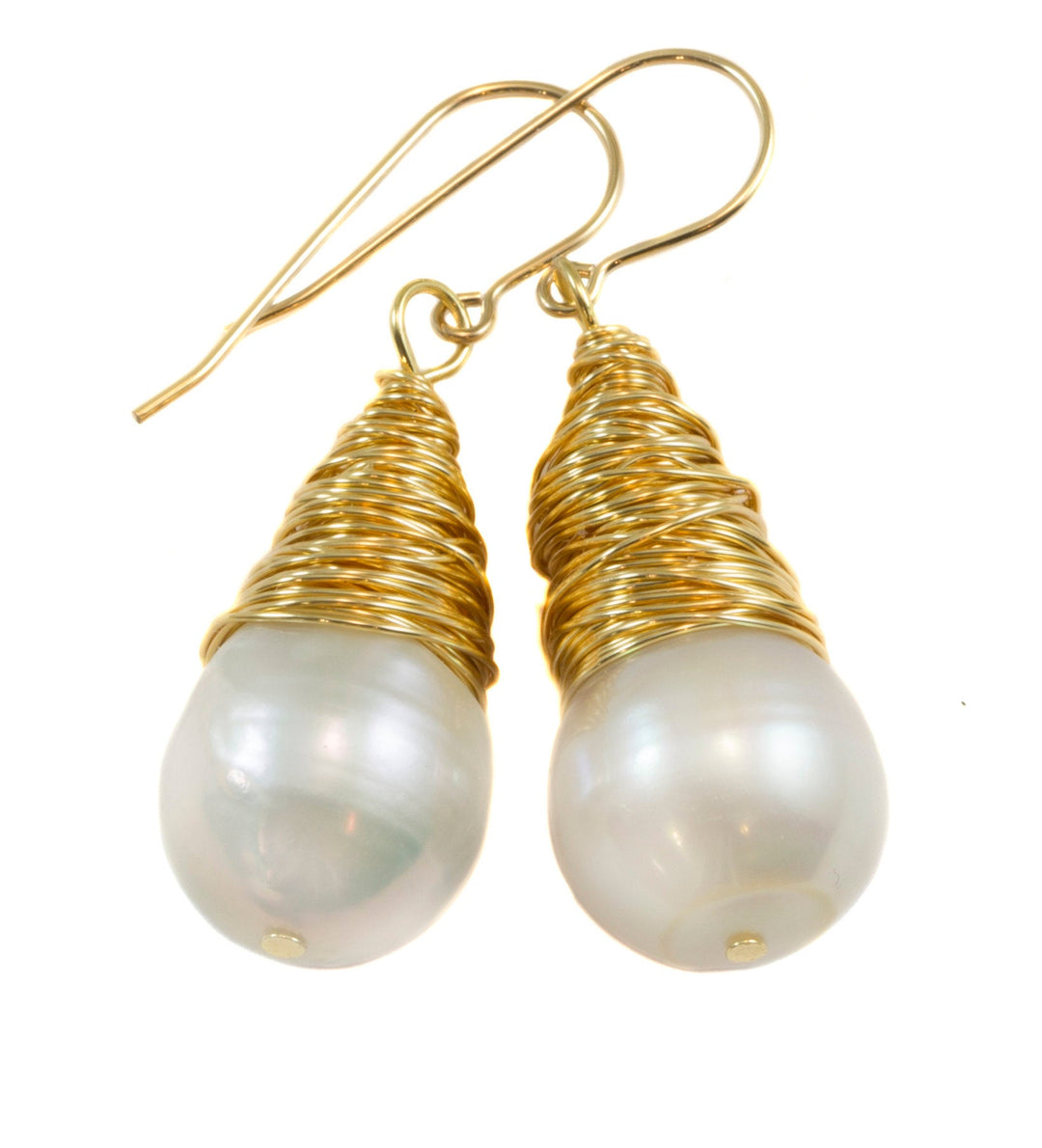Large Round White Pearls Messy Wire Wrapped Plain or Seed Pearls or Gemstones Contemporary Dangle Drops 14k Solid Gold or Gold Filled