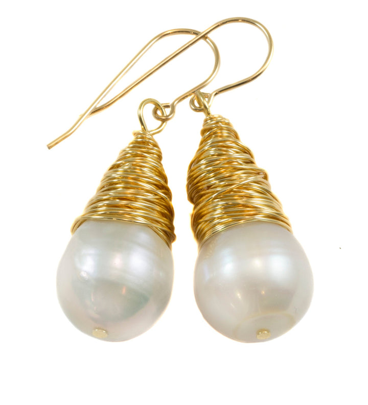 Large Round White Pearls Messy Wire Wrapped Plain or Seed Pearls or Gemstones Contemporary Dangle Drops 14k Solid Gold or Gold Filled