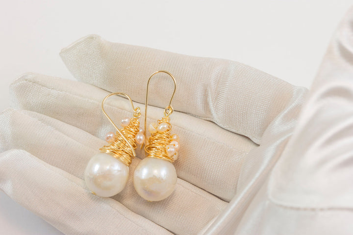 Large Round White Pearls Messy Wire Wrapped Plain or Seed Pearls or Gemstones Contemporary Dangle Drops 14k Solid Gold or Gold Filled