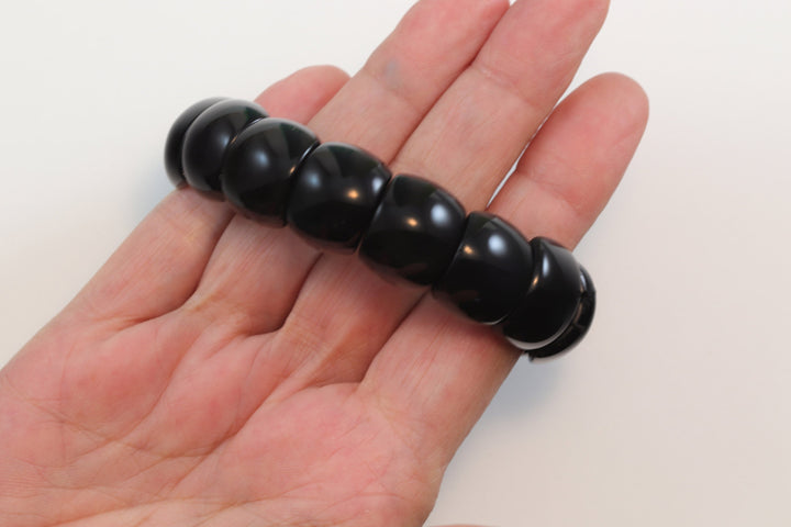 Obsidian Bracelet Large Chunky Bangle Style Stretchy Rectangular shaped Stones 6.5 7 Inches Adjustable natural Polished Large