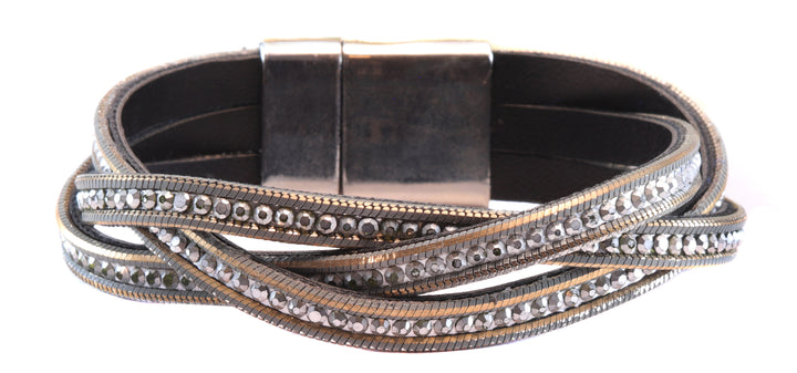 Leather Silver Bracelet Three Woven Strands Criss Crossed Magnetic Clasp Crystals 6 1/4 Inch Polished Spyglass