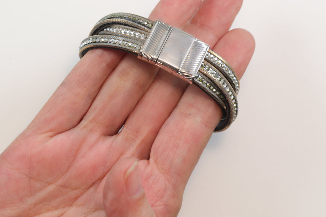 Leather Silver Bracelet Three Woven Strands Criss Crossed Magnetic Clasp Crystals 6 1/4 Inch Polished Spyglass