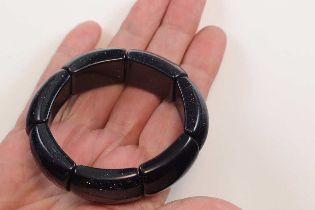 Goldstone Bracelet Large Chunky Bangle Style Stretchy Blue Rectangular shaped Stones 6.5 7 Inches Adjustable natural Polished Large