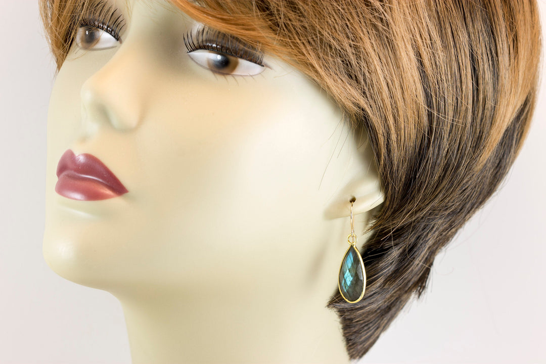 Blue Flash Labradorite Earrings large Simple Drops Bezel faceted teardrops Dangle Sterling Silver or 14k Solid Gold Blue Flash 1.5 Inches