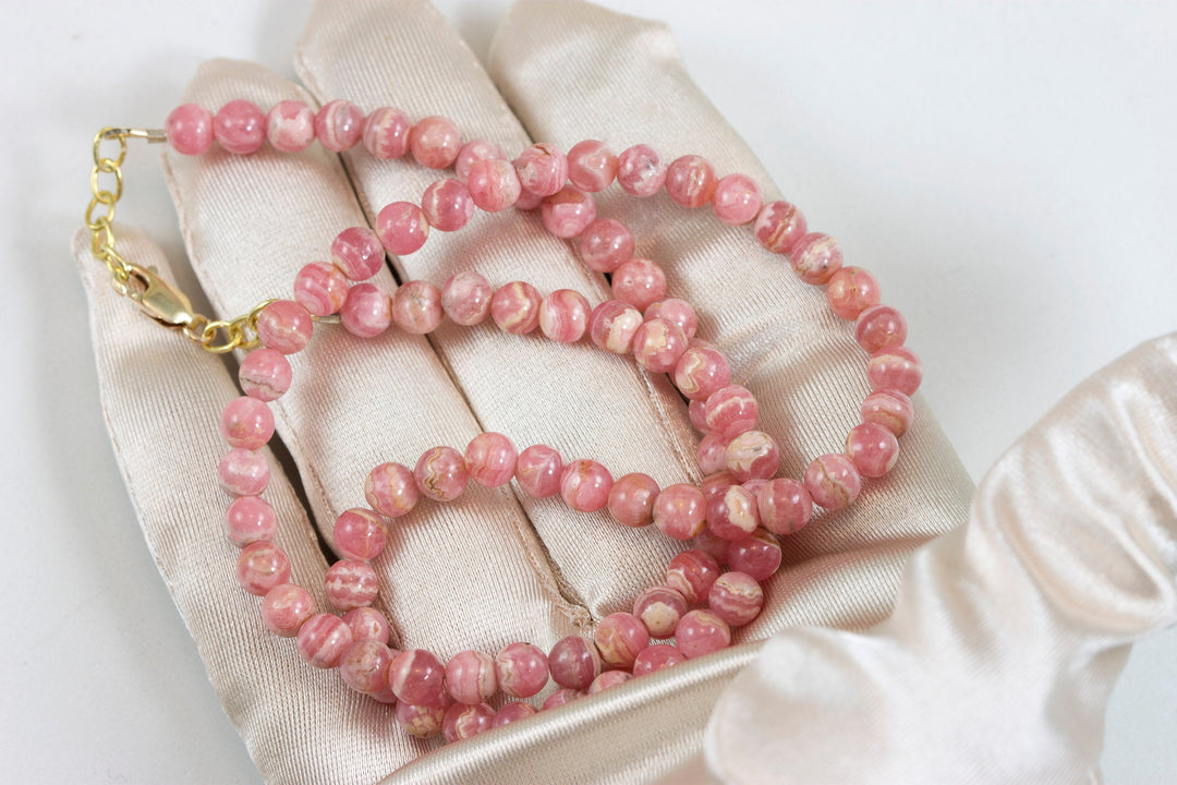 Rhodochrosite Necklace Natural Soft Pink Round Smooth Stones Solid Strand 18 Inch Sterling Silver or 14k Gold Filled Spyglass Designs