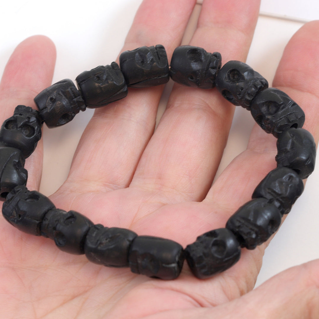 Skull Bracelet Carved Brown or Black Wood Small Medium Large Size Wooden Skulls 7 8 9 Inch Women Man Men's Bracelet Stretchy Tibetan Prayer