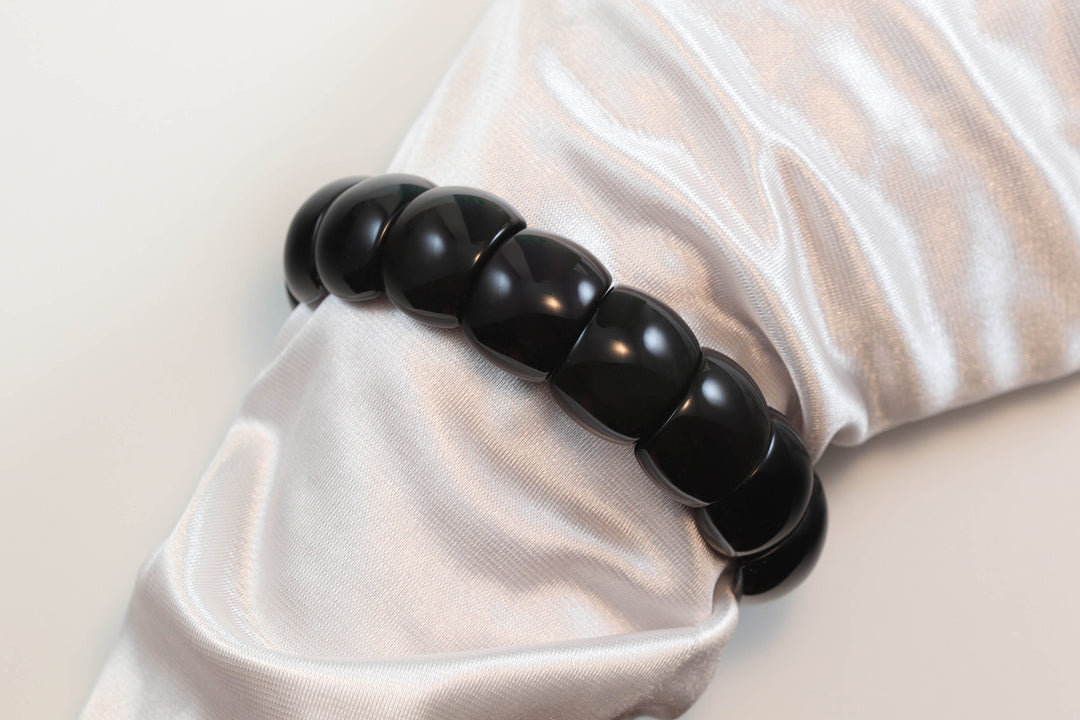 Obsidian Bracelet Large Chunky Bangle Style Stretchy Rectangular shaped Stones 6.5 7 Inches Adjustable natural Polished Large