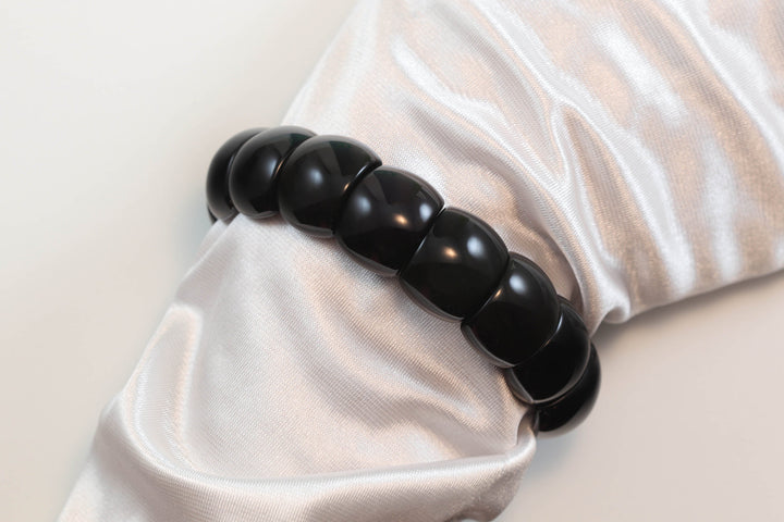 Obsidian Bracelet Large Chunky Bangle Style Stretchy Rectangular shaped Stones 6.5 7 Inches Adjustable natural Polished Large