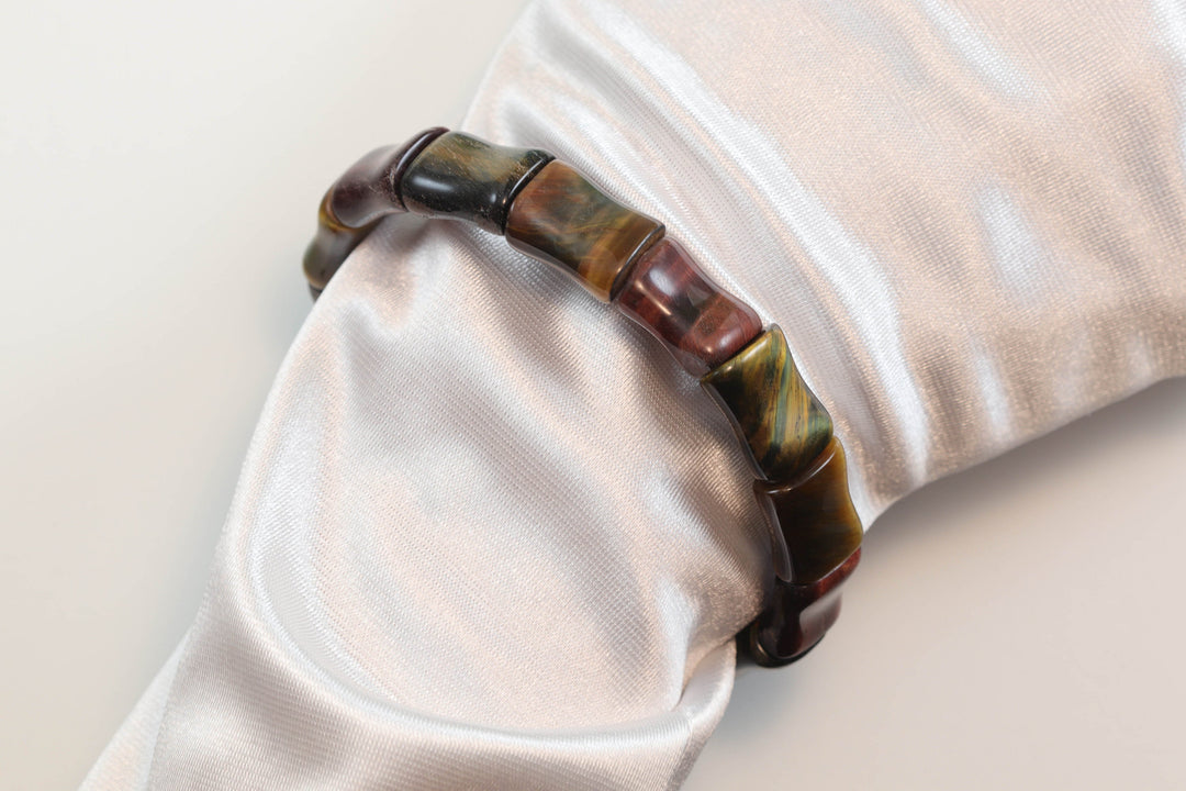 Tiger's Eye Bracelet Curved Natural Bangle Style Stretchy Rectangular shaped Stones 6 7 7.5 Inches Adjustable Blue Red Polished Spyglass