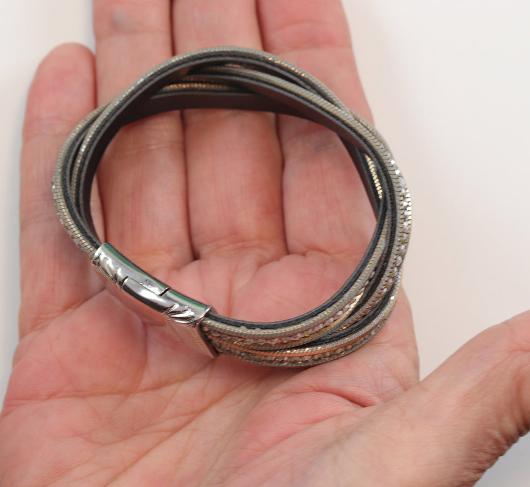 Leather Silver Bracelet Three Woven Strands Criss Crossed Magnetic Clasp Crystals 6 1/4 Inch Polished Spyglass