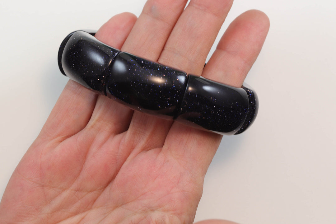 Goldstone Bracelet Large Chunky Bangle Style Stretchy Blue Rectangular shaped Stones 6.5 7 Inches Adjustable natural Polished Large