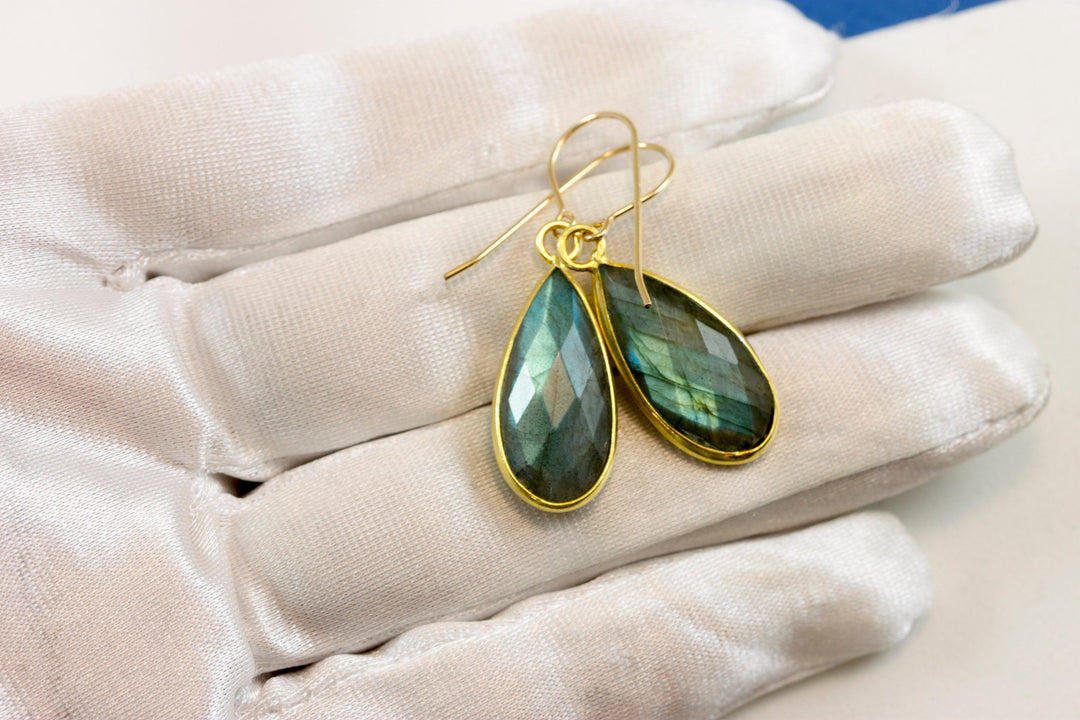 Blue Flash Labradorite Earrings large Simple Drops Bezel faceted teardrops Dangle Sterling Silver or 14k Solid Gold Blue Flash 1.5 Inches