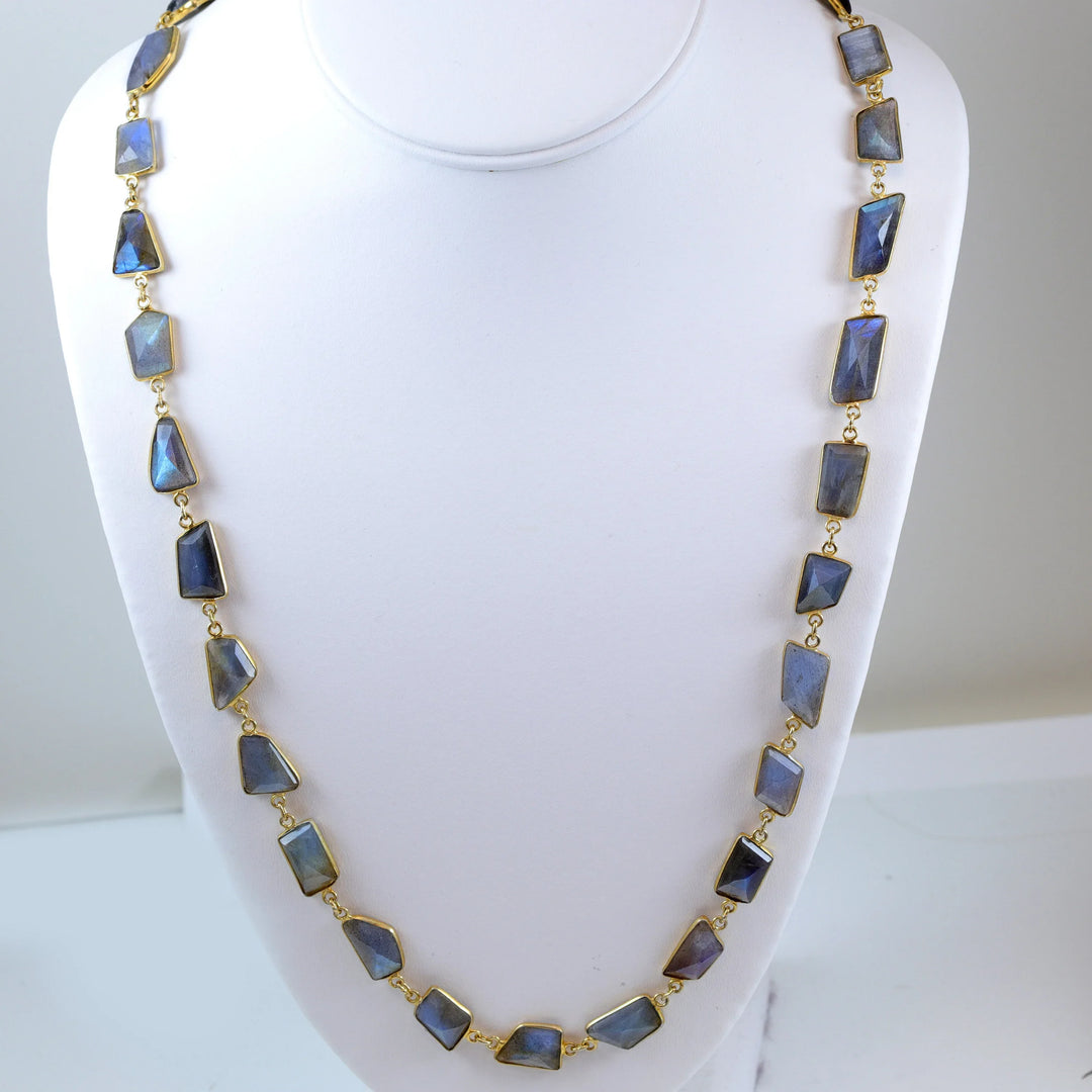 Labradorite Necklace Bezel Set Irregular Shaped Faceted Cut Link 14k Gold Plate Necklace 24 Inch AAA Blue Flash Cut Contemporary Design - Spyglass Designs