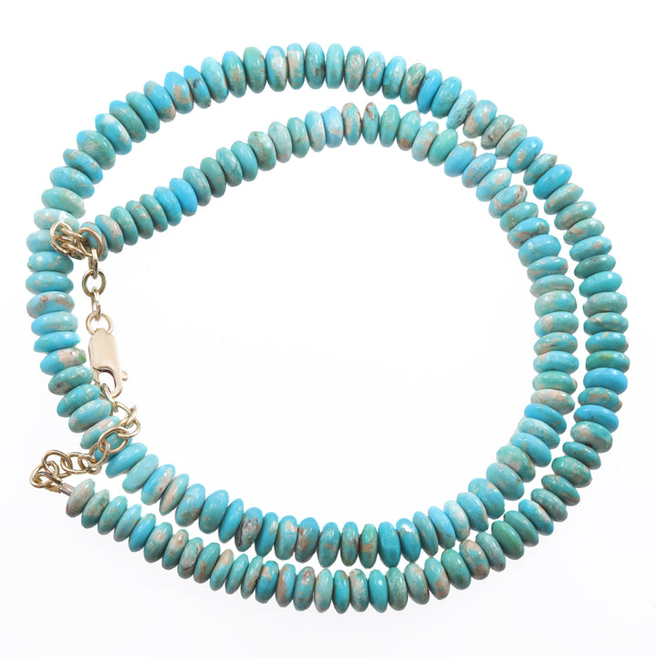 Mexican Blue Turquoise Necklace Solid Strand Sterling Silver or 14k Gold Chain 20 Inches natural stone Smooth Light Blue 7mm Rondelles