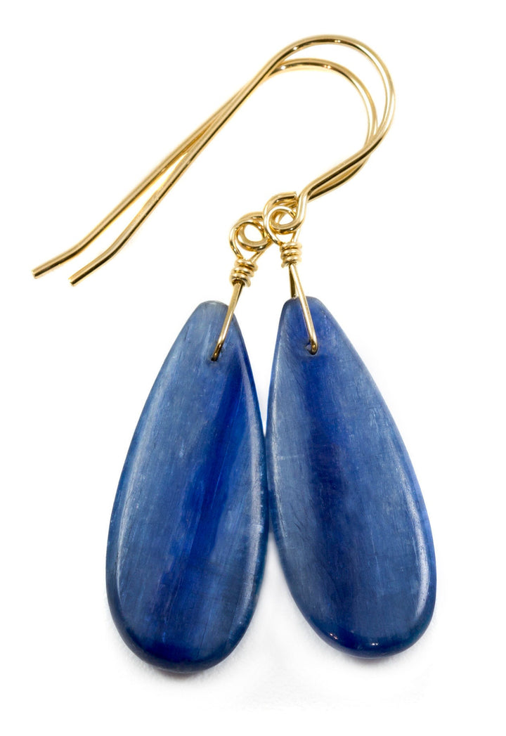 Blue Kyanite Earrings Natural  Smooth Rich blue Large Long Teardrop 14k Solid Yellow Gold or Filled or Sterling Silver Dangle Drops