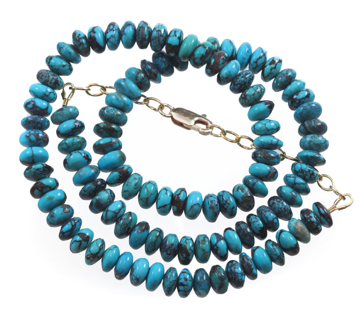 Dark Blue Turquoise Necklace Solid Strand Sterling Silver or 14k Gold Chain 18 Inches natural stone Smooth Black Veining 7mm Rondelles