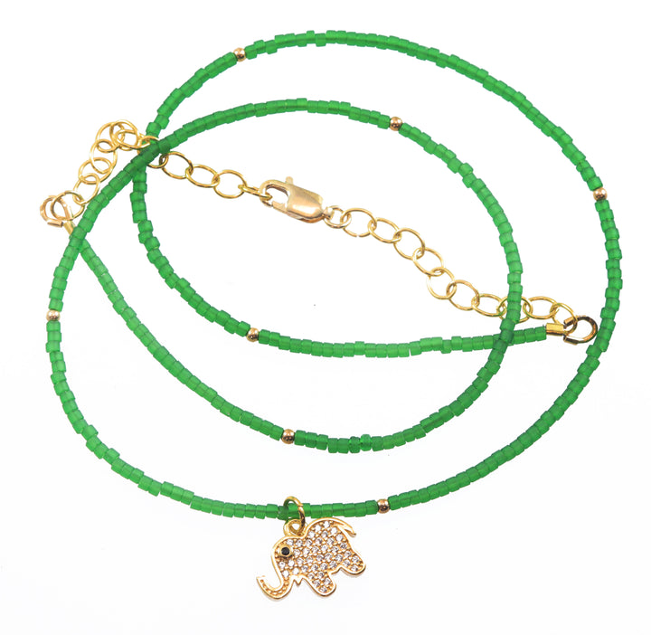 Matte Frosted Green Necklace Solid Strand Tiny 2mm 20 Inch 14k Yellow Gold Filled Elephant Butterfly Dog CZ Pendant Dainty Spyglass Designs