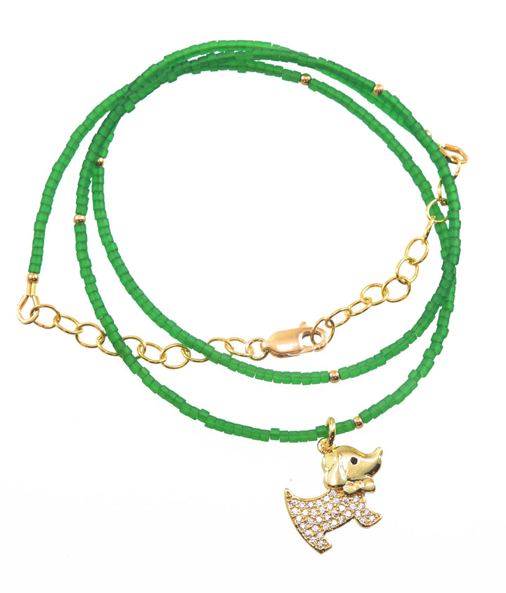 Matte Frosted Green Necklace Solid Strand Tiny 2mm 20 Inch 14k Yellow Gold Filled Elephant Butterfly Dog CZ Pendant Dainty Spyglass Designs