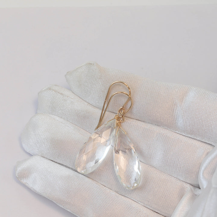 Crystal Clear Quartz Earrings Long Faceted Briolette Teardrop 14k Solid Gold or Filled or Sterling Silver Neutral Natural Classic Drops 1.8
