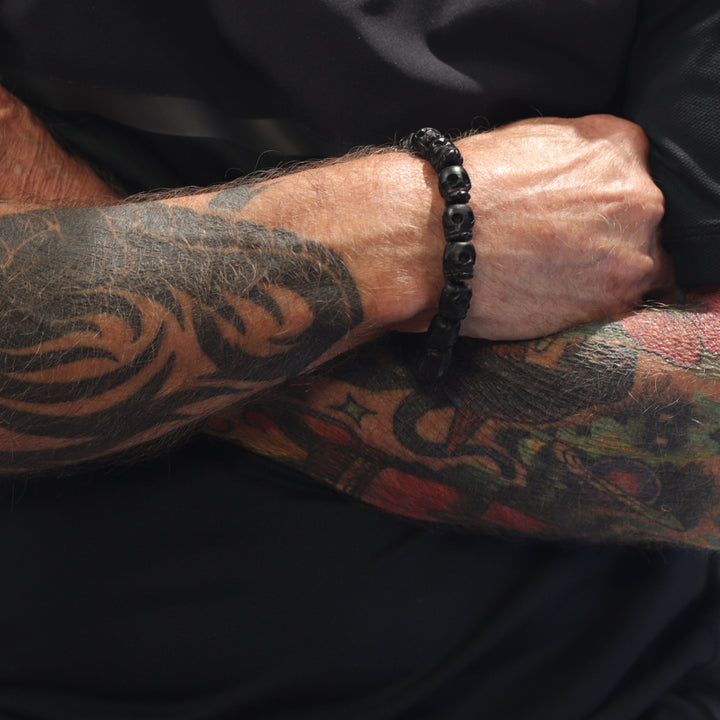 Skull Bracelet Carved Brown or Black Wood Small Medium Large Size Wooden Skulls 7 8 9 Inch Women Man Men's Bracelet Stretchy Tibetan Prayer