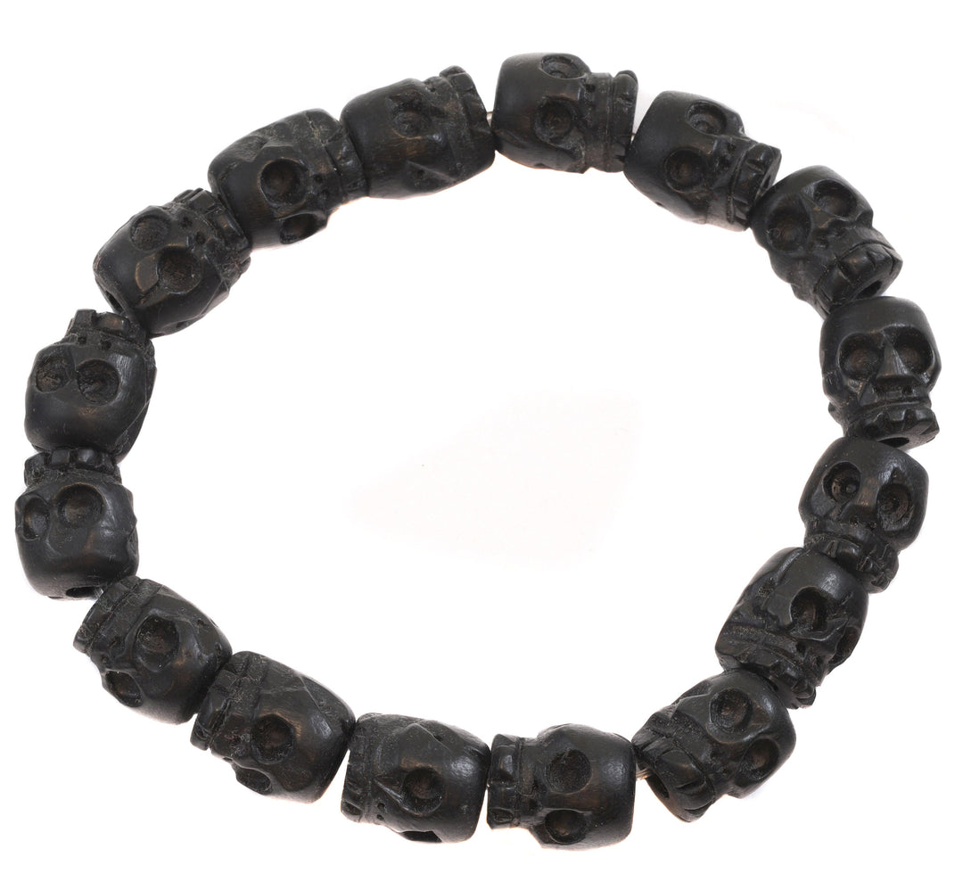 Skull Bracelet Carved Brown or Black Wood Small Medium Large Size Wooden Skulls 7 8 9 Inch Women Man Men's Bracelet Stretchy Tibetan Prayer