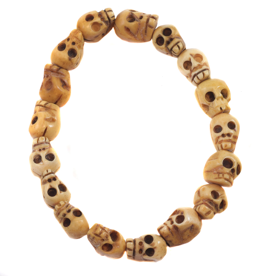 Skull Bracelet Carved Bone White Cream Or Brown  Bone Skulls 8 Inch Women Man Men's Bracelet Stretchy Tibetan Prayer Beads