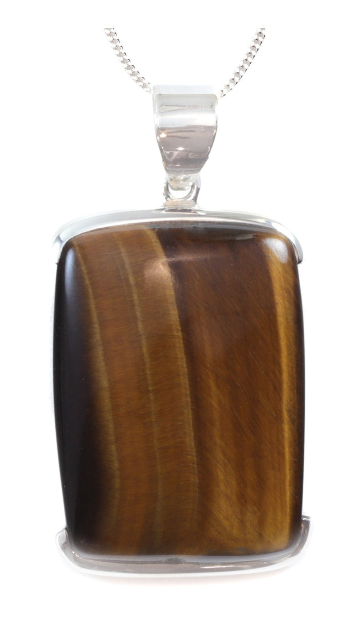 Tiger's Eye Pendant Rectangle Shaped Golden Stripes Sterling Silver Curb Chain 20 Inches Natural Simple Spyglass Designs