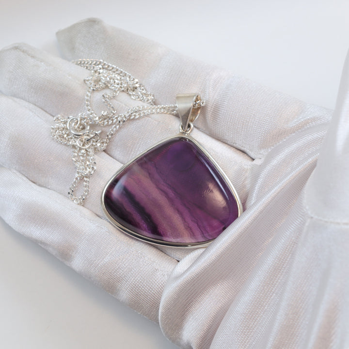 Fluorite Pendant Necklace Purple Striped Large Necklace Natural Genuine  Contemporary Teardrop Sterling Silver Bezel Set Curb Chain 20