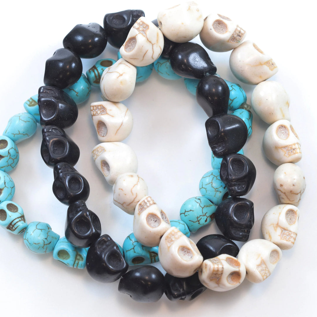 Skull Bracelet White Black Turquoise Blue Howlite Stone Skulls 7 8 Inch Man Men's Bracelet Stretchy Tibetan Mala Prayer Spyglass Designs - Spyglass Designs