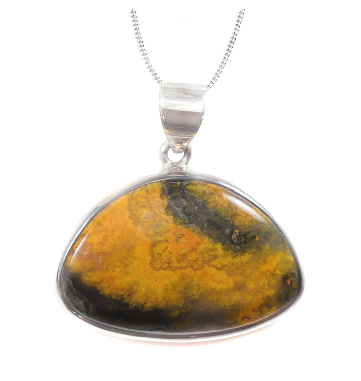 Bumble Bee Jasper Necklace Pendant smooth Sterling Silver Filled Natural Yellow Orange Large Oblong Oval Drop Simple Unique Spyglass Designs