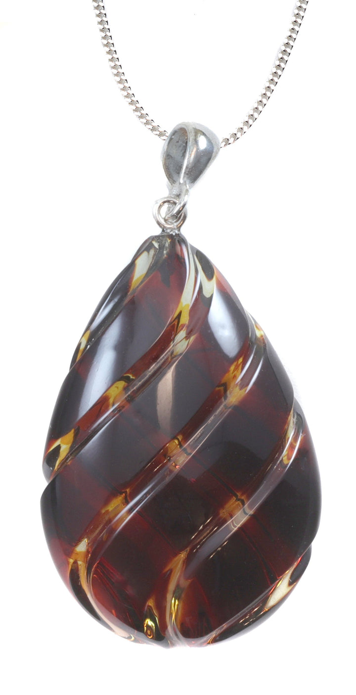 Amber Pendant Baltic Natural Large or Medium Puffed Carved Teardrop Spyglass Designs Unique Cut Long Sterling Silver Curb Necklace 20"