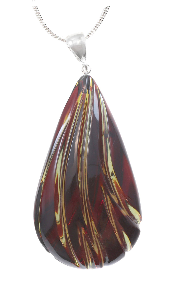 Amber Pendant Baltic Natural Large or Medium Puffed Carved Teardrop Spyglass Designs Unique Cut Long Sterling Silver Curb Necklace 20"