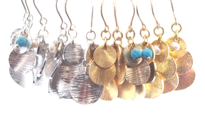 14k Gold and Sterling Silver Earrings Brushed Finish Stacked Coin Turquoise Pearl or Simple Chandelier Style Movement