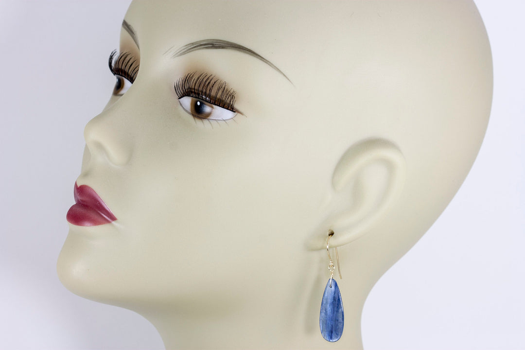 Blue Kyanite Earrings Natural  Smooth Rich blue Large Long Teardrop 14k Solid Yellow Gold or Filled or Sterling Silver Dangle Drops
