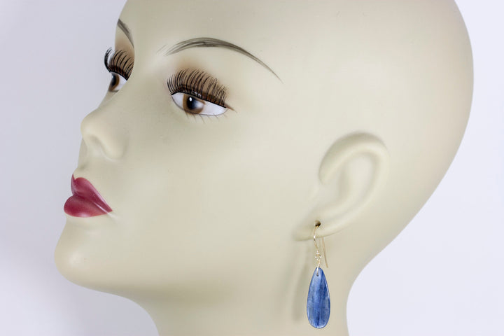Blue Kyanite Earrings Natural  Smooth Rich blue Large Long Teardrop 14k Solid Yellow Gold or Filled or Sterling Silver Dangle Drops