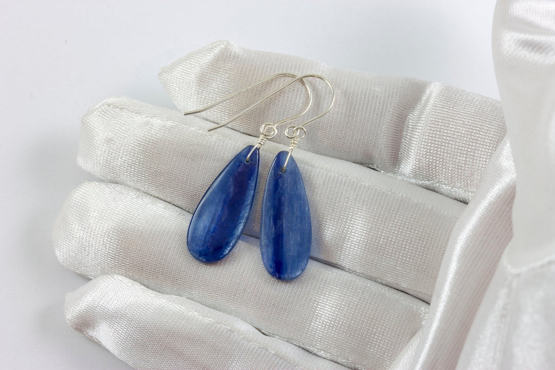 Blue Kyanite Earrings Natural  Smooth Rich blue Large Long Teardrop 14k Solid Yellow Gold or Filled or Sterling Silver Dangle Drops