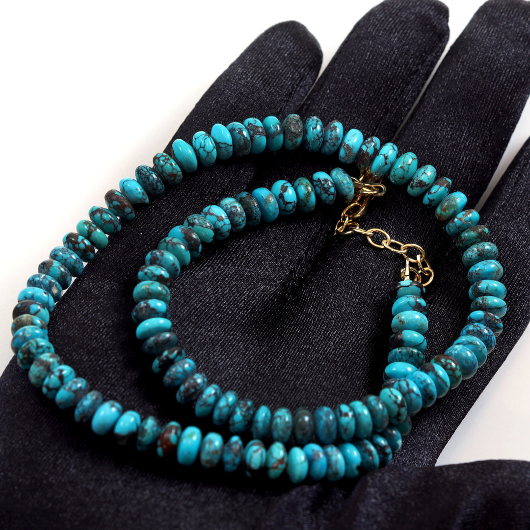 Dark Blue Turquoise Necklace Solid Strand Sterling Silver or 14k Gold Chain 18 Inches natural stone Smooth Black Veining 7mm Rondelles