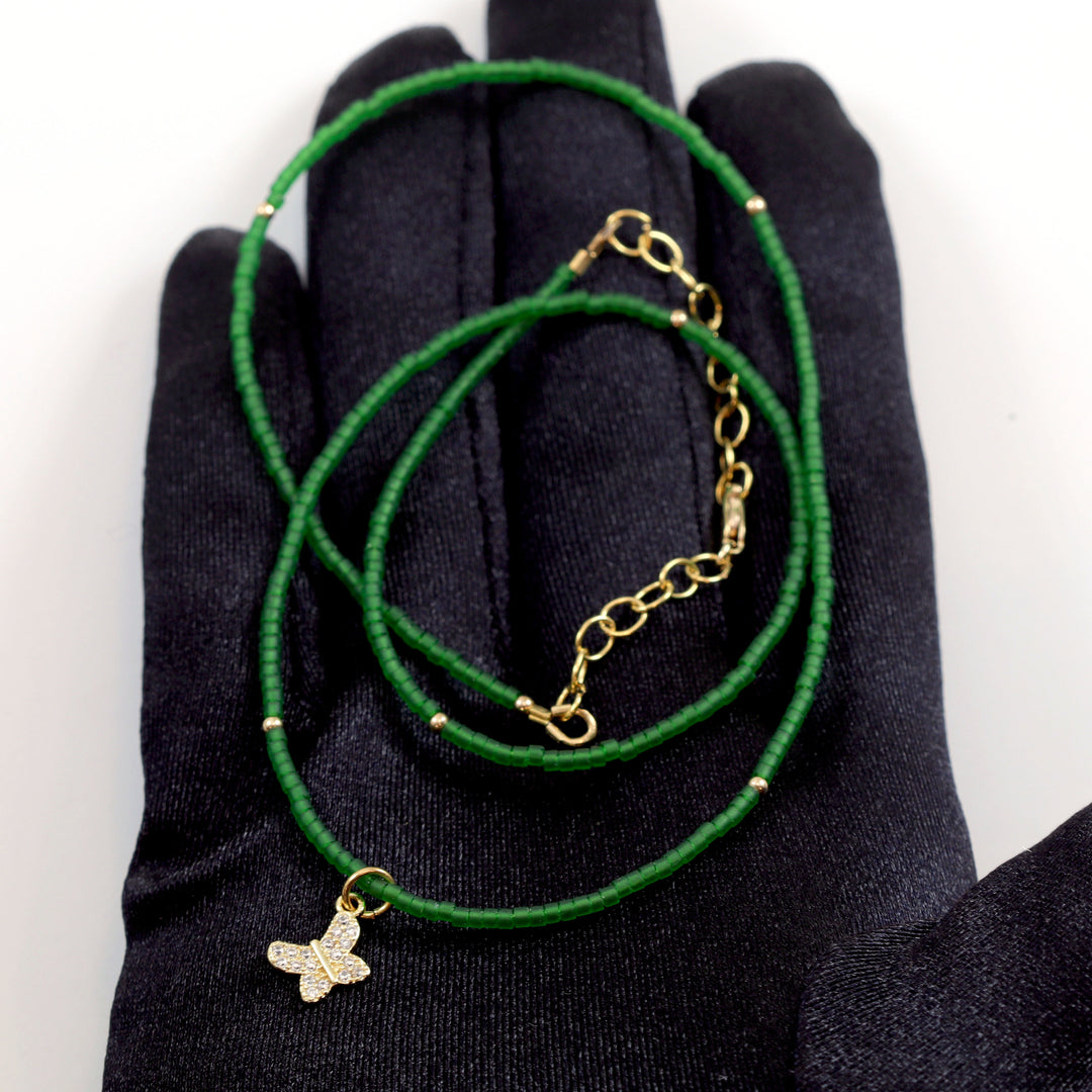 Matte Frosted Green Necklace Solid Strand Tiny 2mm 20 Inch 14k Yellow Gold Filled Elephant Butterfly Dog CZ Pendant Dainty Spyglass Designs