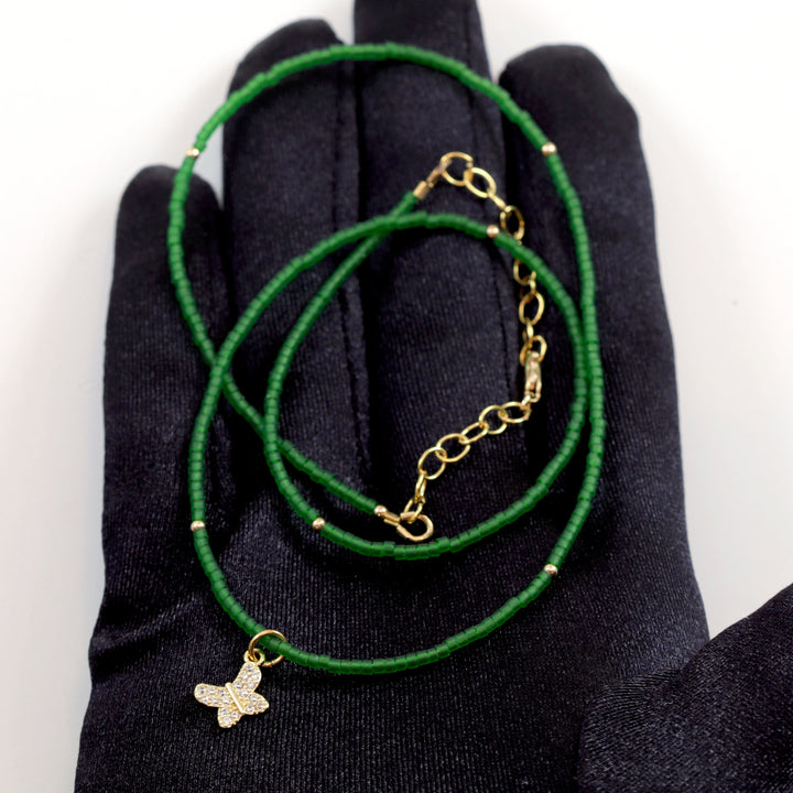 Matte Frosted Green Necklace Solid Strand Tiny 2mm 20 Inch 14k Yellow Gold Filled Elephant Butterfly Dog CZ Pendant Dainty Spyglass Designs