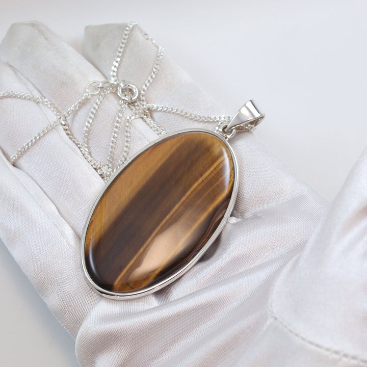 Tiger's Eye Pendant Xtra Large Oval Shaped Golden Stripes Sterling Silver Curb Chain 20 Inches Natural Simple Spyglass Designs 2.6"