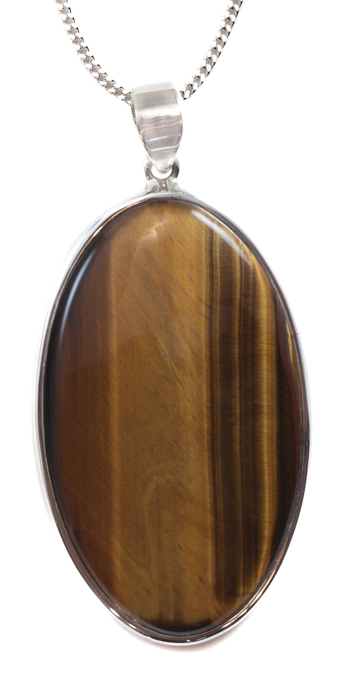 Tiger's Eye Pendant Xtra Large Oval Shaped Golden Stripes Sterling Silver Curb Chain 20 Inches Natural Simple Spyglass Designs 2.6"