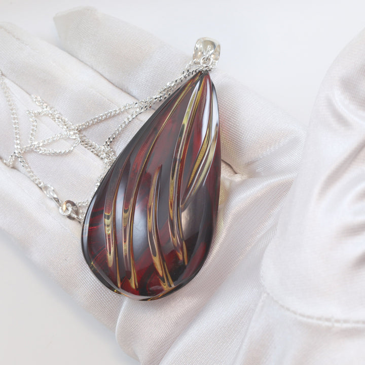 Amber Pendant Baltic Natural Large or Medium Puffed Carved Teardrop Spyglass Designs Unique Cut Long Sterling Silver Curb Necklace 20"