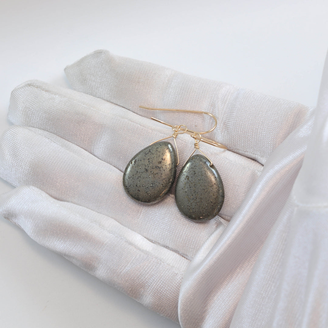 Natural Pyrite Earrings 14k solid gold or filled or Sterling Silver French Ear Wires Natural Smooth Teardrops Earthy Golden Daily Neutral