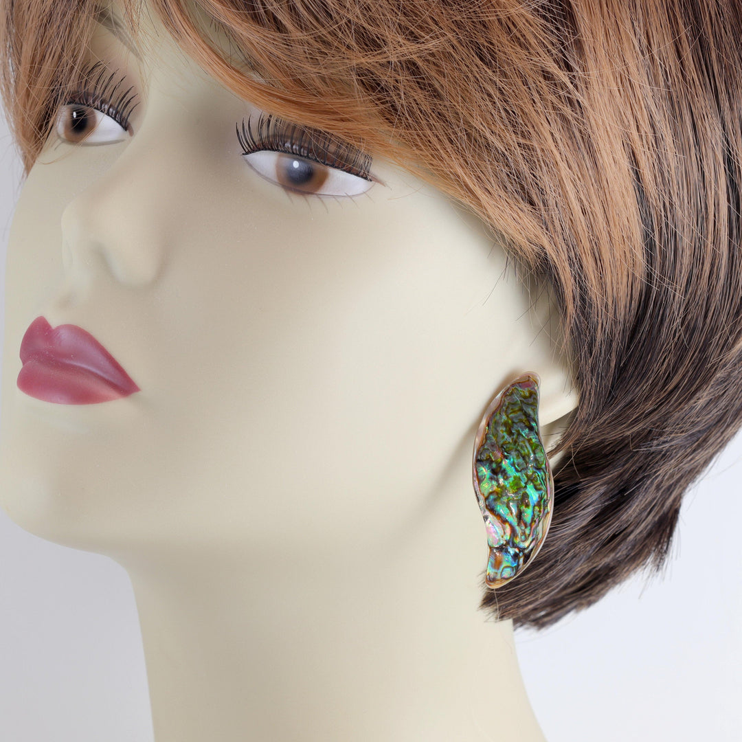 Abalone Paua Shell Teardrop Earrings Large Natural Peacock Colors 14k Solid Gold or Filled or Sterling Silver Curved Post Studs Style 2 Inch