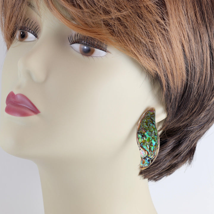 Abalone Paua Shell Teardrop Earrings Large Natural Peacock Colors 14k Solid Gold or Filled or Sterling Silver Curved Post Studs Style 2 Inch